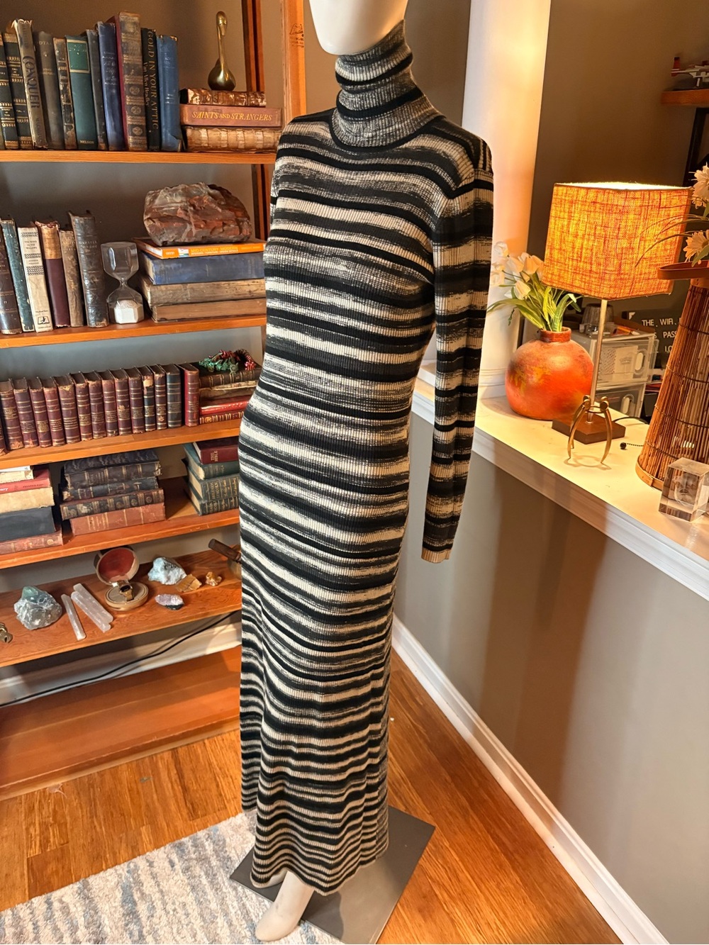 Calvin Klein Black & Cream Striped Turtleneck Maxi Dress SIZE UNKNOWN